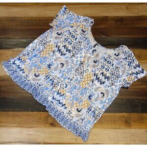 Nine Four One Tunic Blouse Short Sleeve Blue Paisley Geometric Pattern Size 3X